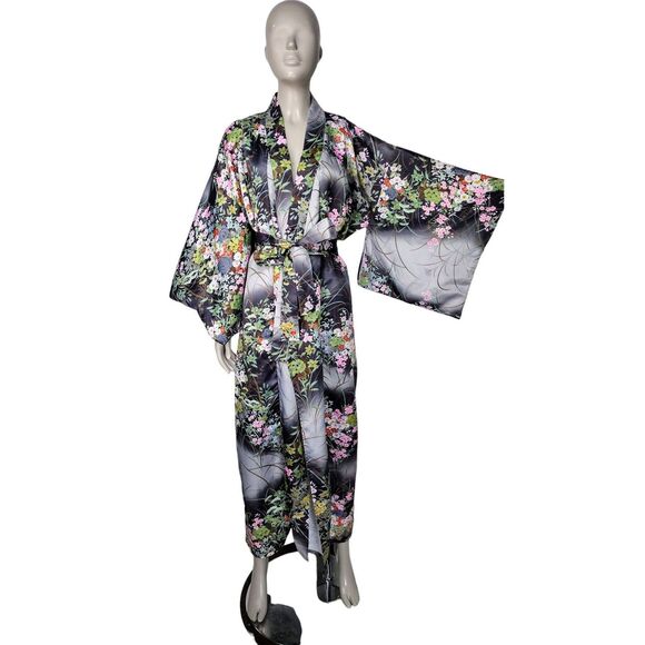 Vintage Silky Satin Black Garden Floral Belted Boho Kaftan Kimono Robe OSFM - Picture 9 of 10